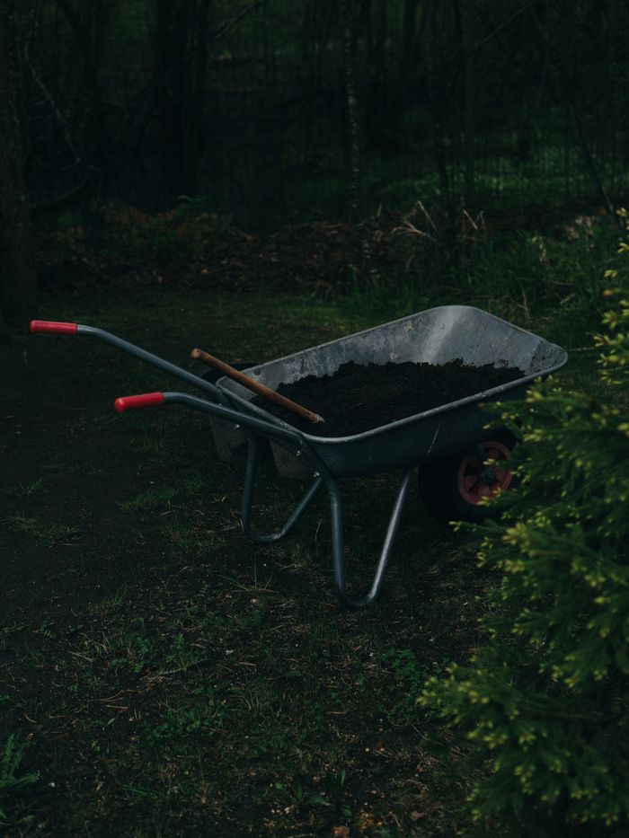 why-choose-us A wheelbarrow filled with soil amidst a dark, lush garden on a spring day.